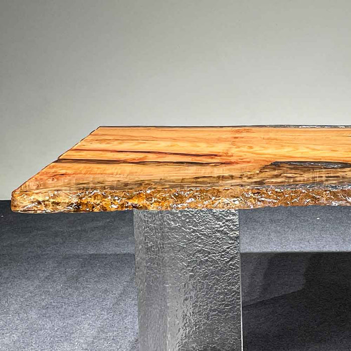 Detailed view of the live edge craftsmanship and smooth resin finish of the 36×72 table.
