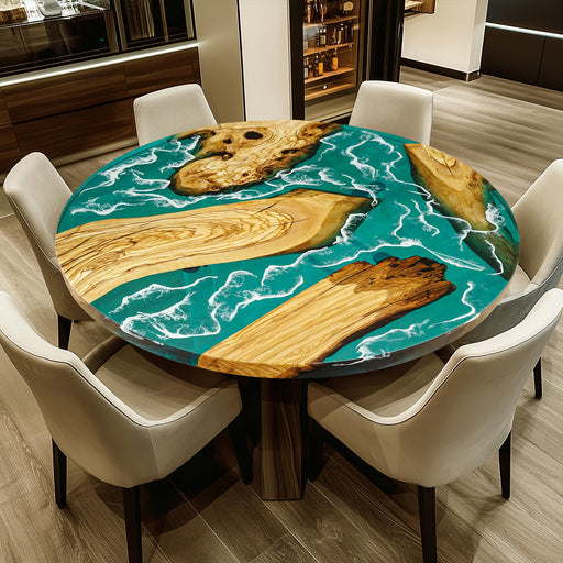  Handmade resin round dining table, combining resin art and solid wood structure, great for family gatherings.
