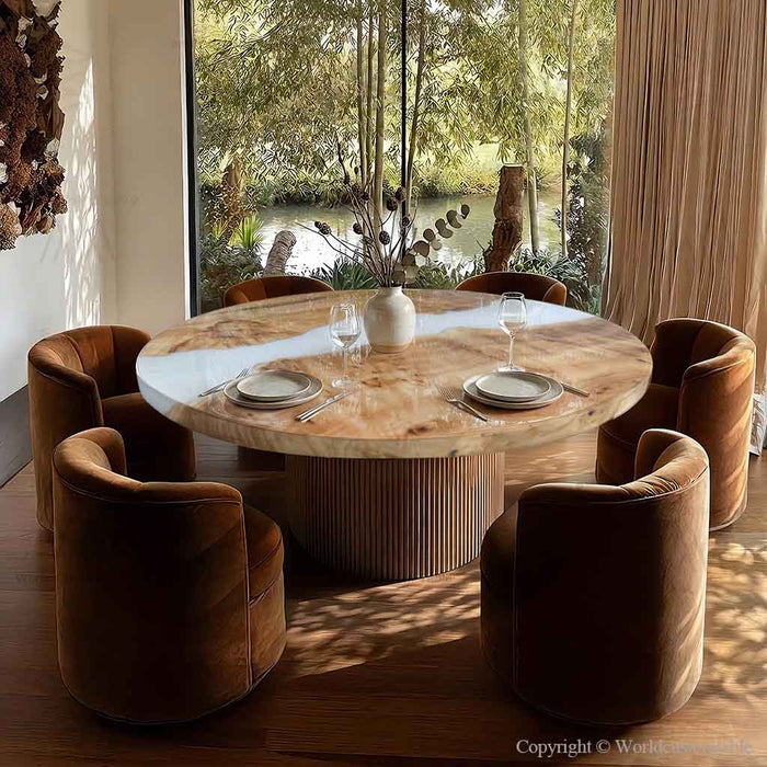Modern live edge round coffee table with smooth white epoxy resin center.
