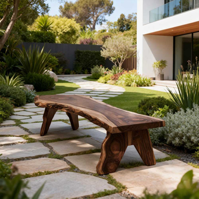 Live edge rustic walnut bench for garden seating