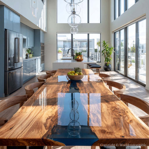Live edge square dining table featuring deep blue epoxy and natural walnut wood grain