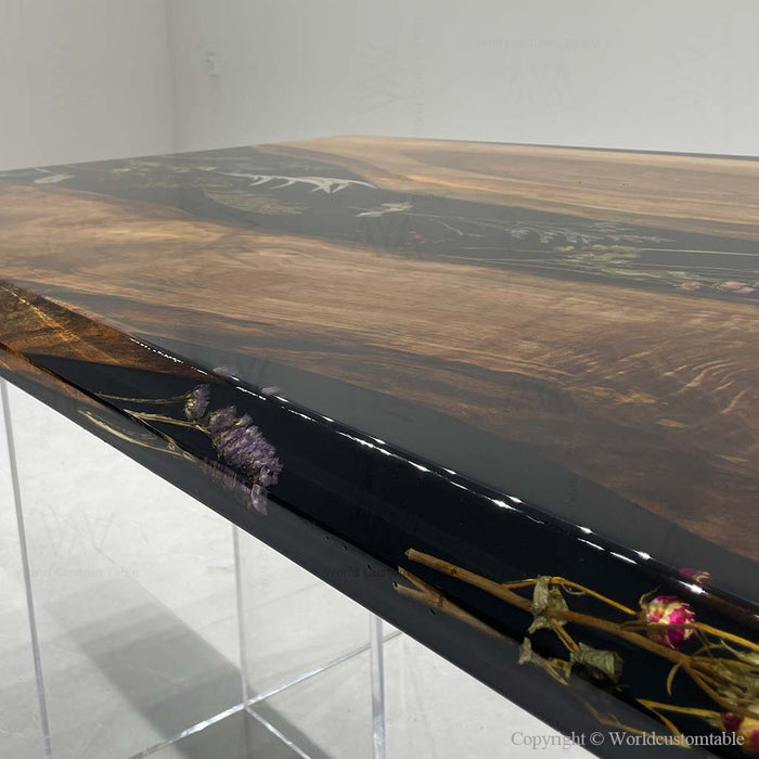 Live edge walnut dining table with black resin and flower elements, unique artisan epoxy wood table
