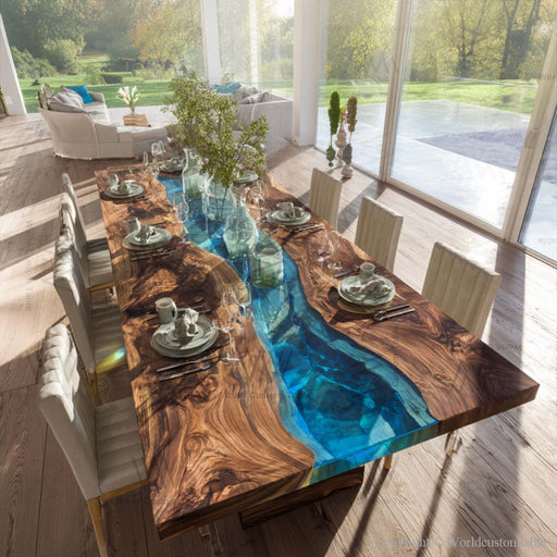 large wooden blue epoxy dinning table for homes & restaurants