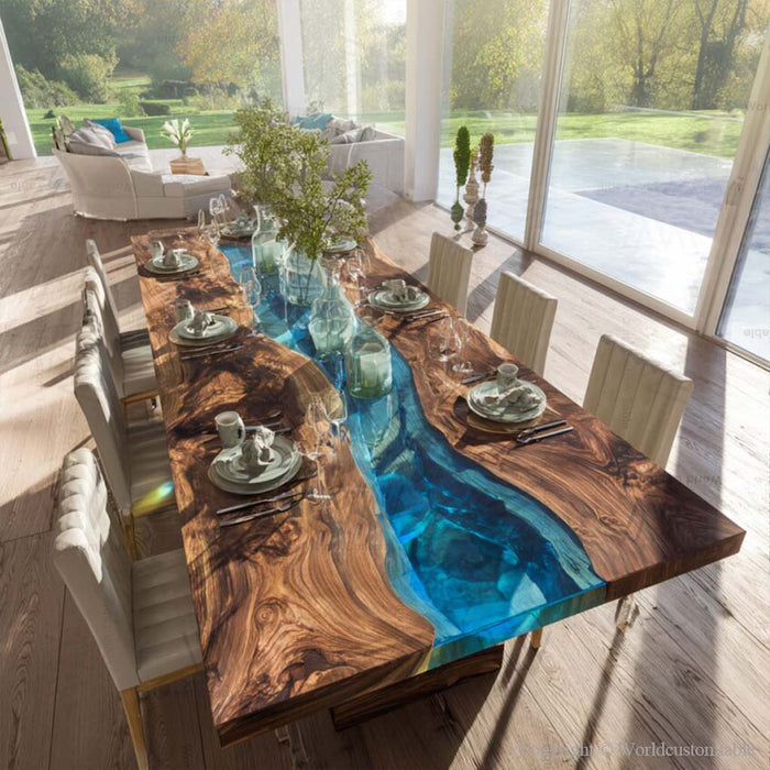 large wooden blue epoxy dinning table for homes & restaurants