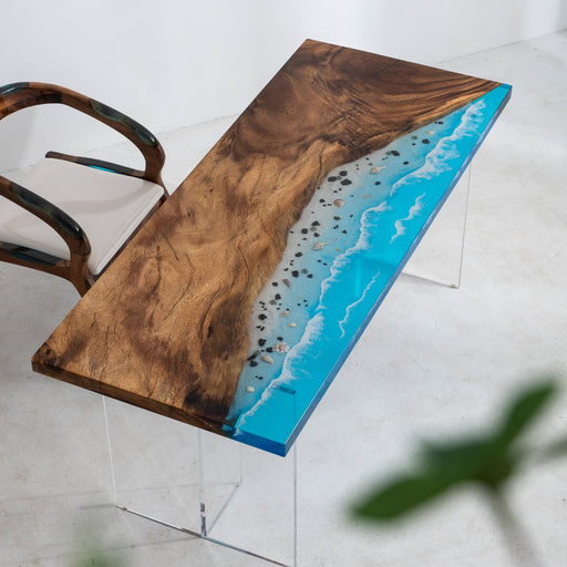 Live edge walnut blue ocean breaker epoxy table with crushed mother-of-pearl accents