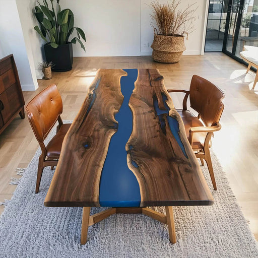 Live edge walnut river dining table with deep blue resin center