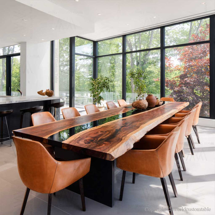 Live edge walnut boardroom table with bold black epoxy centerpiece design