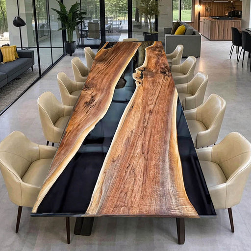 Large live edge walnut epoxy boardroom table for 8 to 12 people