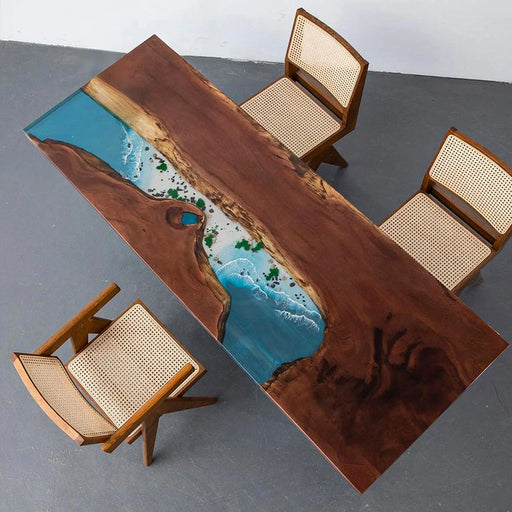 Live edge walnut epoxy ocean table with turquoise resin