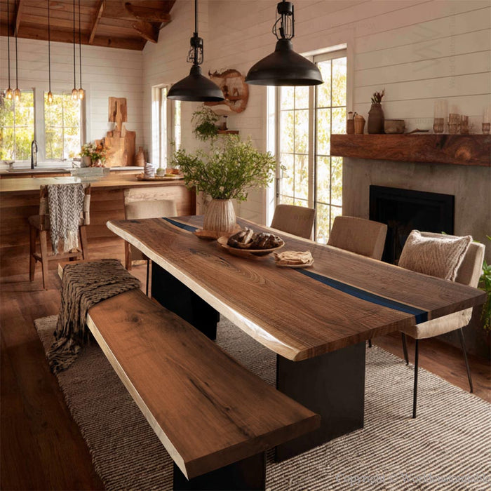 Live-edge walnut epoxy table and bench designed for modern and contemporary U.S. interiors.