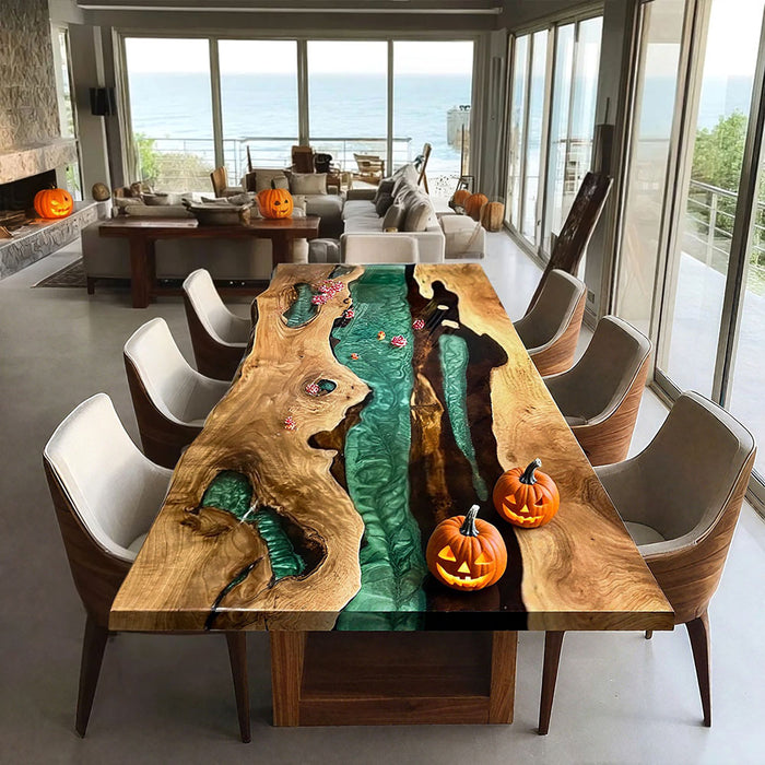 Dining table with epoxy resin design in a modern living room with ocean view.