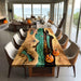 Dining table with epoxy resin design in a modern living room with ocean view.