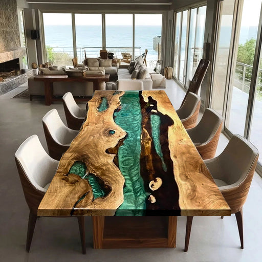 Dining table with epoxy resin design in a modern living room with ocean view