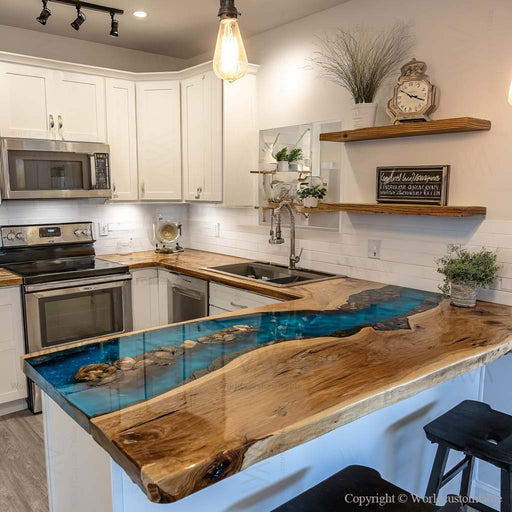 Luxury epoxy kitchen island countertop featuring walnut wood and natural stone inlay accents