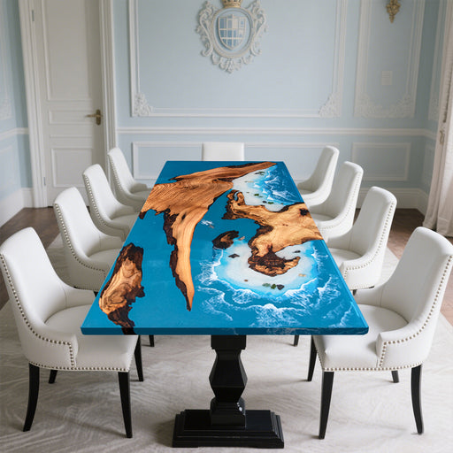 Live edge walnut resin desk featuring deep blue seascape and crystal clear beach