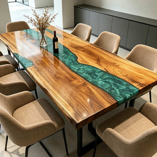 Live edge walnut resin dining table with green swirl epoxy center