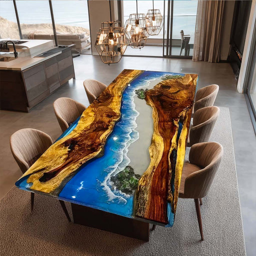 Dining table with beachscape design in a modern living room