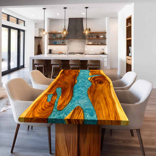 Custom live edge walnut table featuring striking resin river design