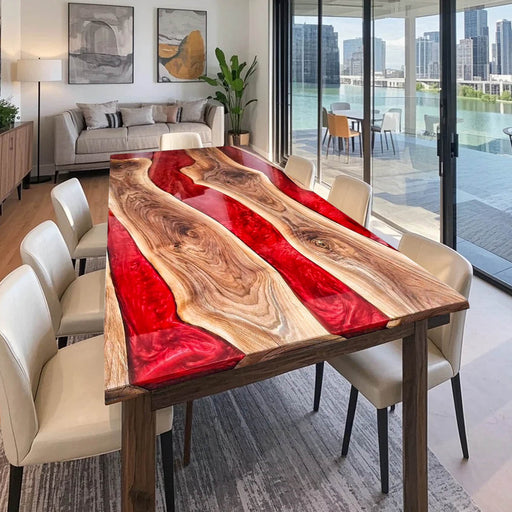 Handmade live edge dining table with red epoxy and walnut wood