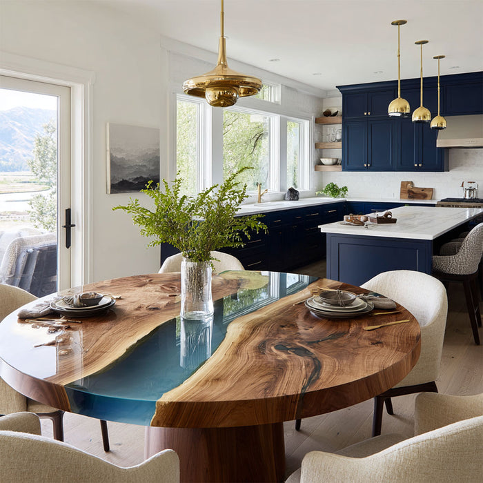 sleek walnut wood epoxy dinning table for kitchens in miami