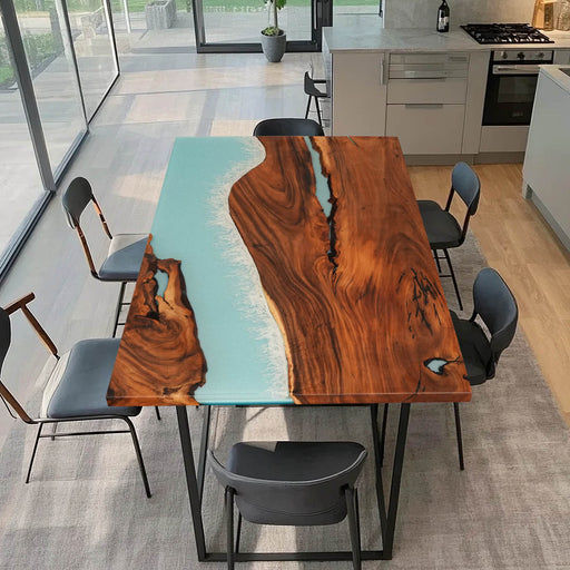 Live edge walnut table with ocean blue epoxy resin river