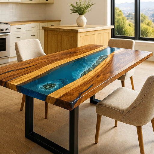 Wooden dining table with blue resin inlay in a modern kitchen