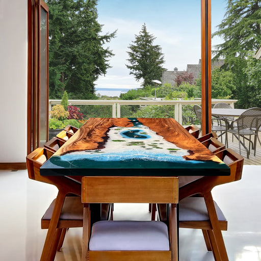 Unique conference table with live edge wood and colored resin.