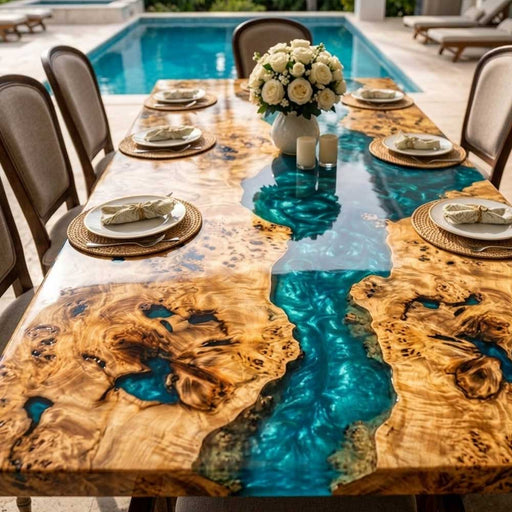 Top view of a handcrafted wood and turquoise epoxy resin dining table with white floral centerpiece.
