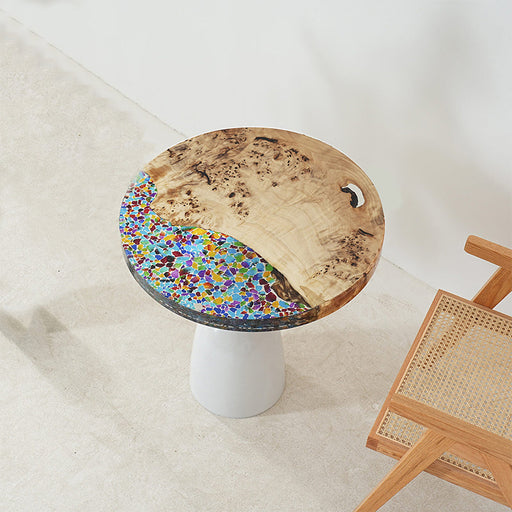Ocean resin table made from live edge wood with a coastal wave look