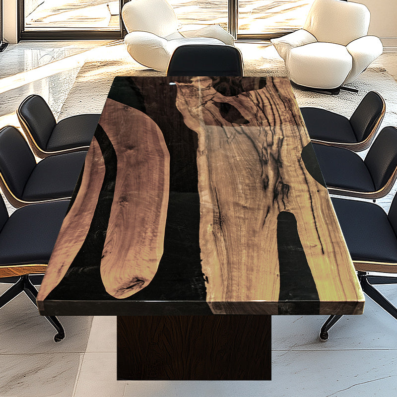 Live edge wood and black resin table with metal legs, featuring a modern industrial design.