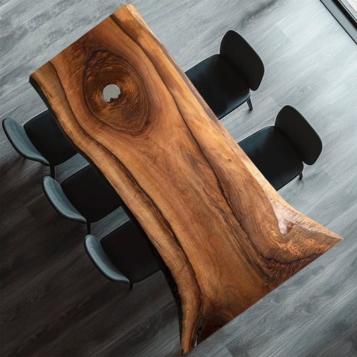 Top view of a handcrafted live edge solid wood dining table