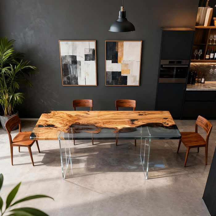 Modern dining area with a wooden table and abstract art on the wall.
