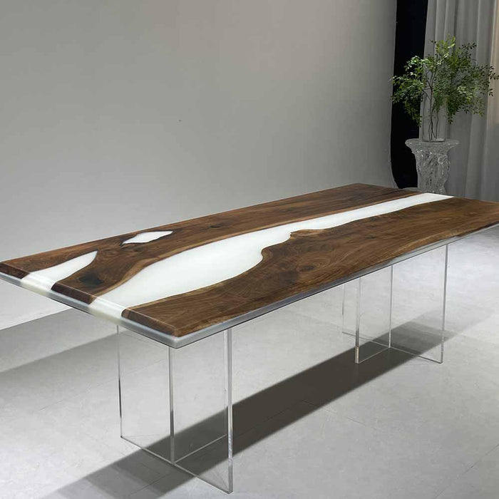 High-end interior design walnut river table as seen in Los Angeles homes.