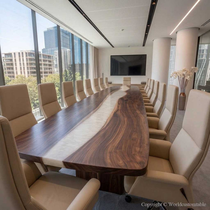 Luxury conference table with black walnut wood and white epoxy resin surface