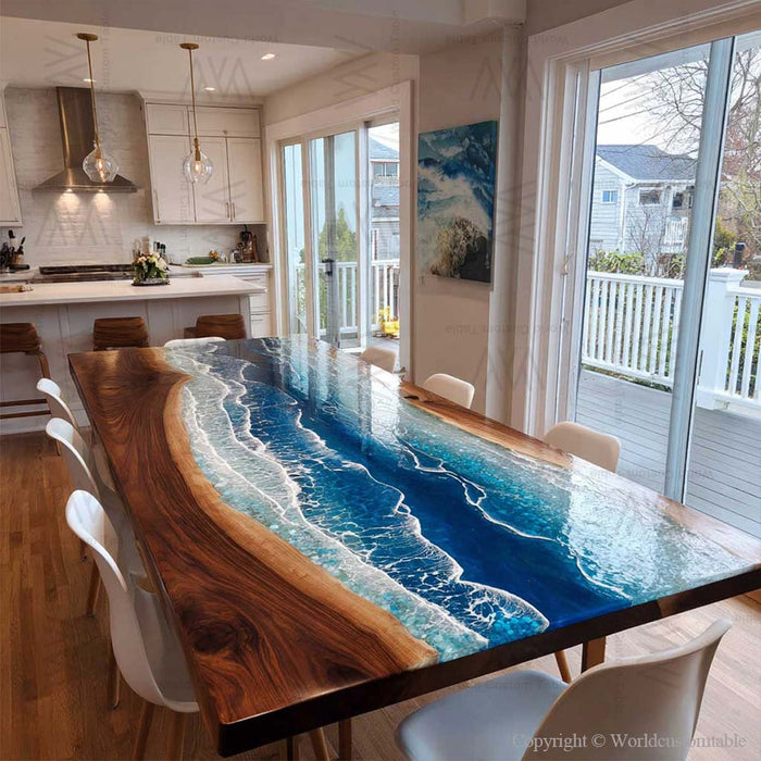 Dining room with a unique table design featuring a natural wood finish and blue resin inlay.