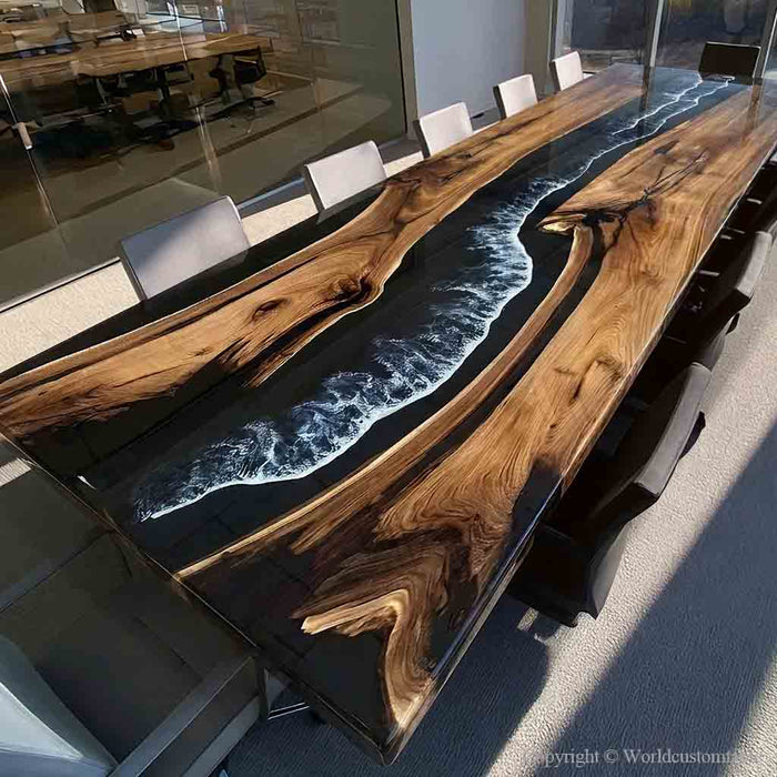 Handcrafted luxury black epoxy river table combining natural walnut wood with artistic ocean-inspired resin.