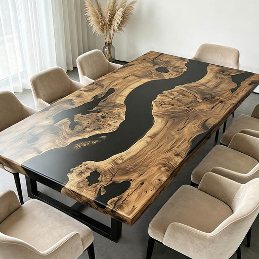 Contemporary luxury dining table made from walnut wood and black resin river with smooth finish.