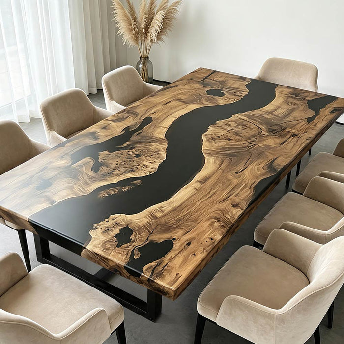 Contemporary luxury dining table made from walnut wood and black resin river with smooth finish.