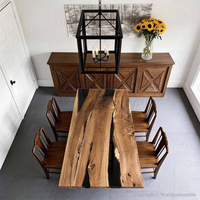 Luxury black resin epoxy dinning table with walnut wood
