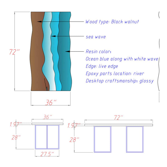 black walnut ocean blue epoxy dinning table for modern homes in miami