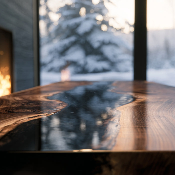 Wooden table with a blurred background of trees and light