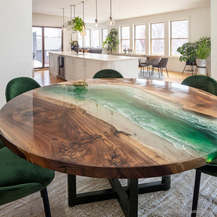 Black walnut epoxy dining table styled in elegant modern dining room