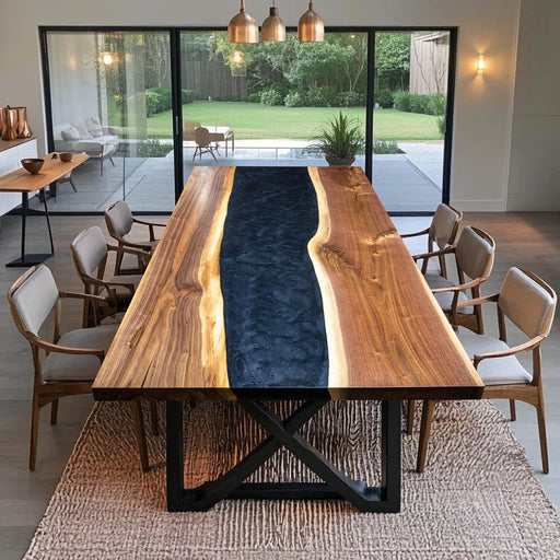 Luxury black walnut epoxy dining table for eight with wave-textured resin.