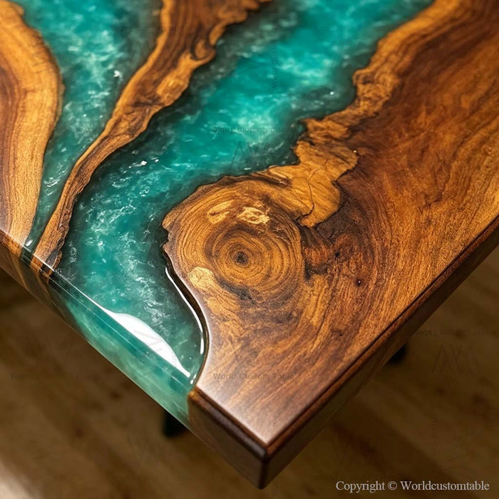 Unique black walnut resin dining table with artistic river pattern.