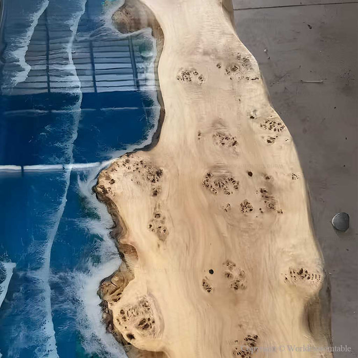 Luxury blue resin epoxy dining table handcrafted from poplar wood creating a unique statement piece for home furniture