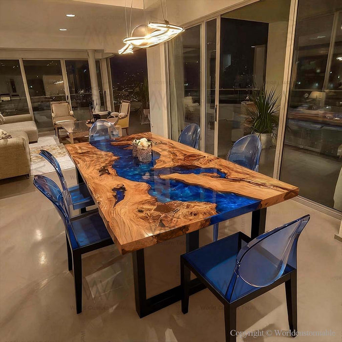 Luxury blue resin olive wood epoxy dinning table design