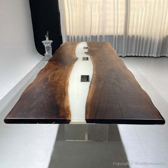 Luxury boardroom setup with a handcrafted epoxy resin walnut conference table for high-end workspace interiors.