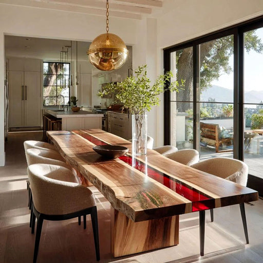 Luxury wood table with deep burgundy red resin design