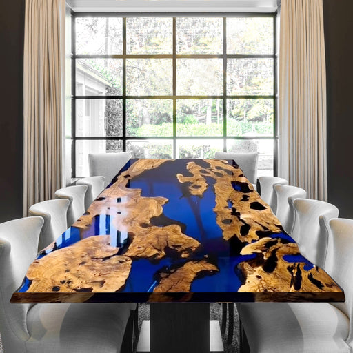 Luxury burl wood and blue epoxy resin dining table in modern living space