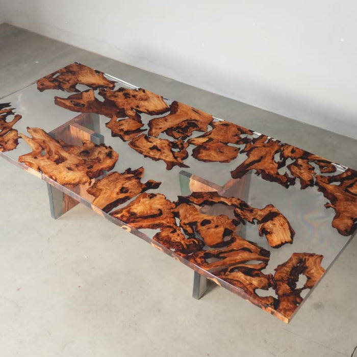 luxury burl wood dining room table with clear epoxy
